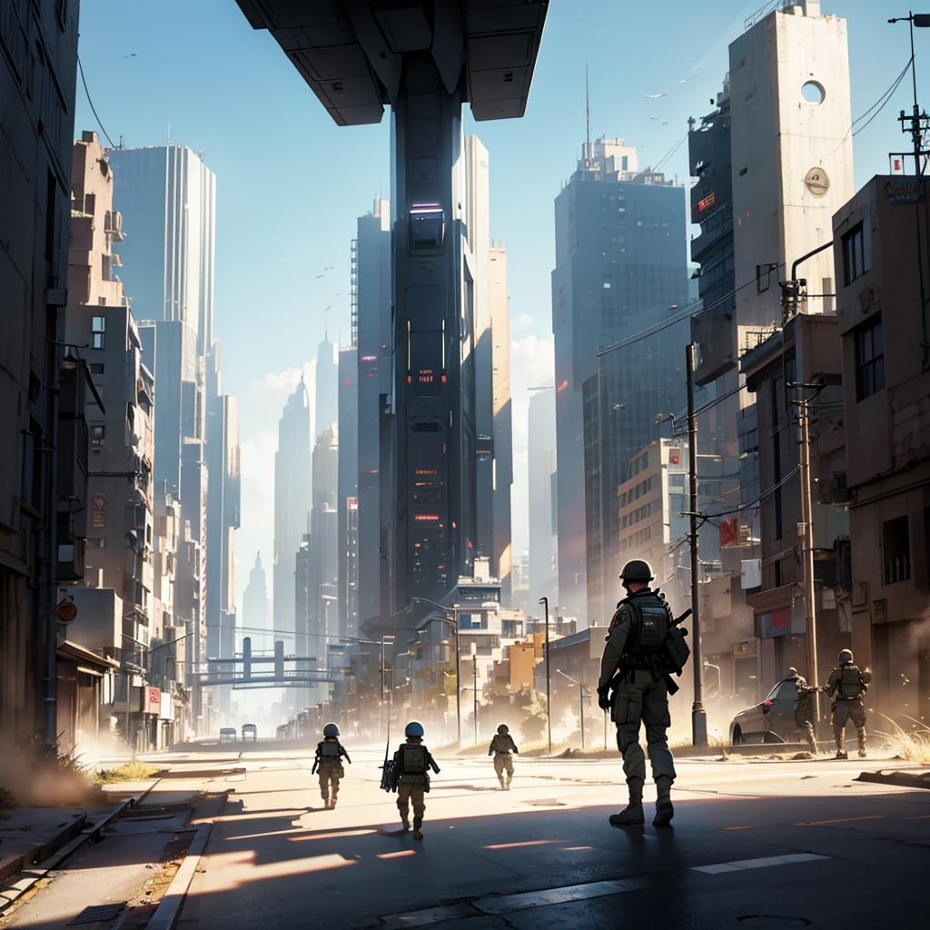 High resolution, perspective, silhouette, futurism, War, soldiers, Civilians, children, futuristic city.