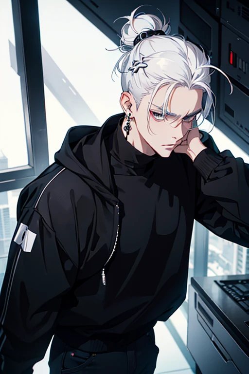 Anime man gradient young white hair low on shaved sides turns hair bun to the left side in the middle serious face with black earrings black sweatshirt Speed jeans futuristic clothes black dark circles big black hair big brown hair extremely futuristic clothes futuristic clothes