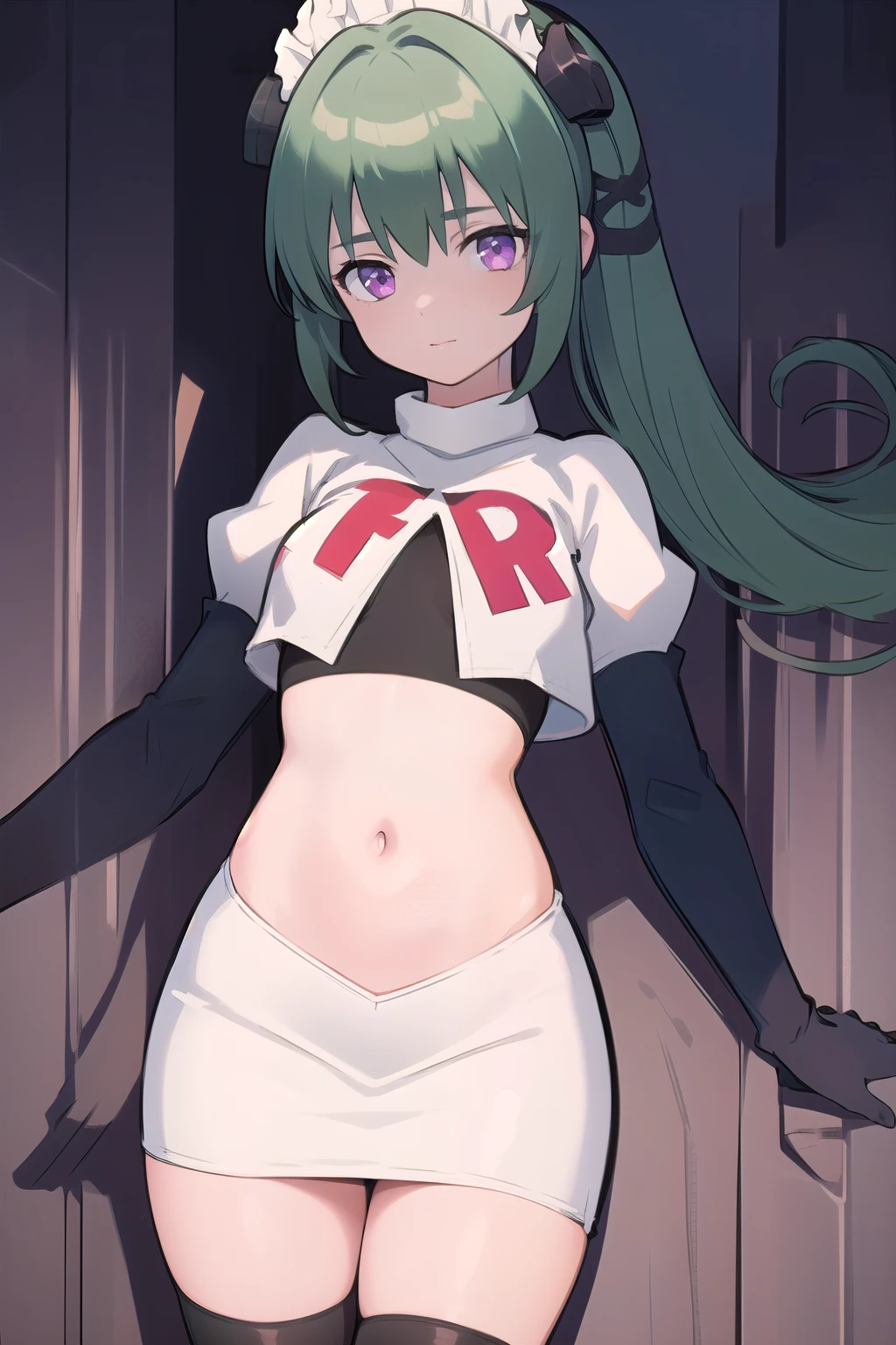 (best quality:1.3),(masterpiece:1.3),(illustration:1.3),(ultra-detailed:1.3),(imid shot:0.9),
1girl,solo,short neck,small breasts,
purple eyes,
twintails, maid headdress,green hair, team rocket,team rocket uniform,white skirt,red letter R,crop top,black thigh-highs,black elbow gloves