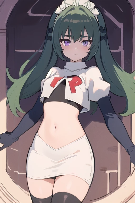 (best quality:1.3),(masterpiece:1.3),(illustration:1.3),(ultra-detailed:1.3),(imid shot:0.9),
1girl,solo,short neck,small breasts,
purple eyes,
twintails, maid headdress,green hair, team rocket,team rocket uniform,white skirt,red letter R,crop top,black thigh-highs,black elbow gloves