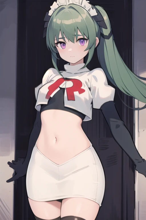 (best quality:1.3),(masterpiece:1.3),(illustration:1.3),(ultra-detailed:1.3),(imid shot:0.9),
1girl,solo,short neck,small breasts,
purple eyes,
twintails, maid headdress,green hair, team rocket,team rocket uniform,white skirt,red letter R,crop top,black thigh-highs,black elbow gloves