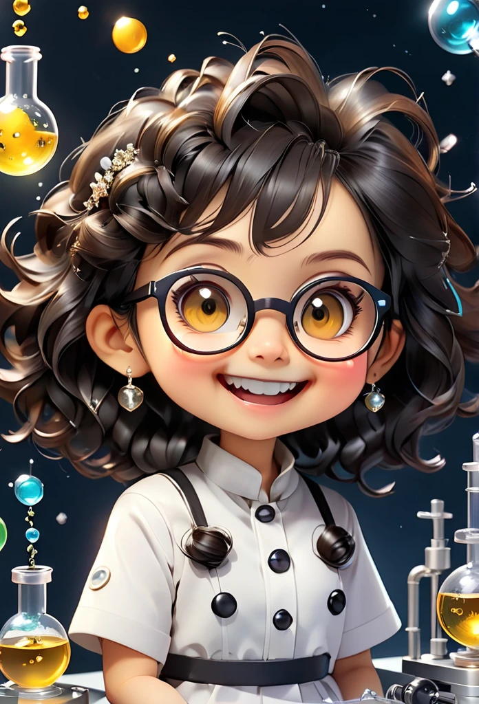 (((Chibi Baby UHD)))Chemistry remains with its original characteristics (your eyes are the color of honey ) (chibi wears 1 pearl ball earring )MASCOT and , atoms, Molecules ,Has black hair , Blind box style and model with popular market style, The sunlight shines, , hyper qualit, sharp features, Ultra HD and 8K resolution,Cool Hand Drawn Illustration,fly away (Inside out disgusting), Create a series of best quality cute chibi dolls,ultra details,realisitic,Science Laboratory,Chemical experiment,ultra HD, chemical equipment,scientists working,cups,UHD Bunsen Burner ,Microscope,laboratory glassware,measuring cylinders,labcoats,Round nerd glasses ,science books,Periodic table,scientific research,discoveries,new inventions,Innovation,aprendizagem,education,Scientific culture wears coat with details of buttons and brooches , her coat is charming and cute with ultra chemical details ,Curiosidade,Technological advancements,swirly vibrant colors,soft lighting,modern laboratory,nerdy atmosphere,laboratory instruments,hypothesis testing,Scientific method,symbolic representation,Critical thinking,Experiments ,Precision,Precision,details Intricate,impressive scientific setup,natural elements,exploration of the mysteries of science,unlocking the secrets of nature. Baby chibi is happy and excited, remember to use chemical laboratory glassware, The blackboard behind the cute chibi baby is written the structure of caffeine in white chalk 18K UHDBlack hair, pretty long hair, American propaganda poster, shine light, 3D rendering, laughter,