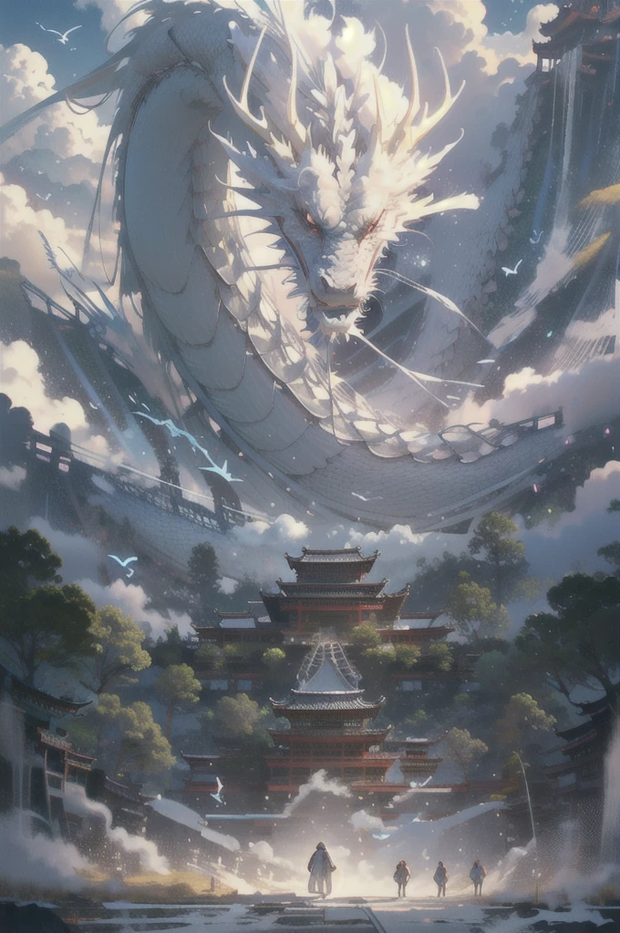 BJ_Sacred_beast,red_eyes,outdoors,horns,sky,cloud,no_humans,bird,cloudy_sky,scenery,stairs,fantasy,dragon,architecture,east_asian_architecture,eastern_dragon,cinematic lighting,strong contrast,high level of detail,Best quality,masterpiece,