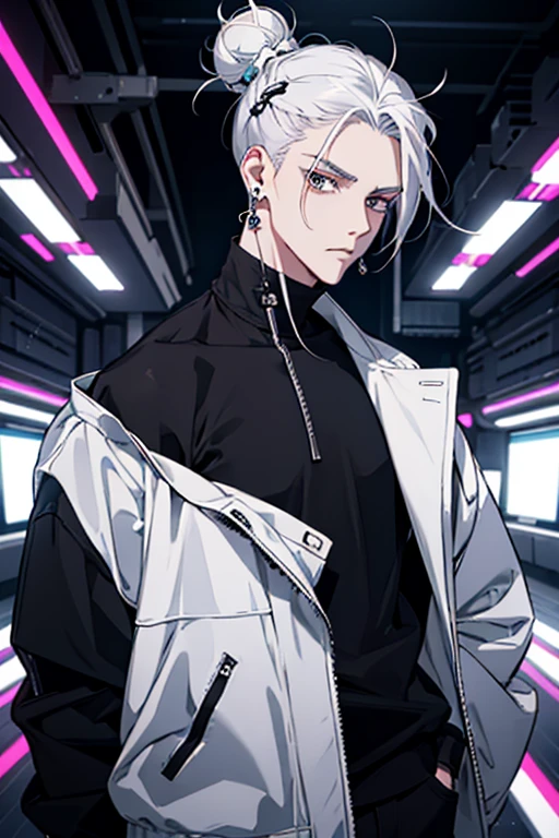 Anime man gradient young white hair low on shaved sides turns hair bun to the left side in the middle serious face with black earrings black sweatshirt Speed jeans futuristic clothes black dark circles big black hair big brown hair extremely futuristic clothes futuristic clothes