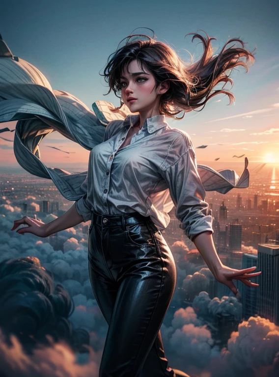 Woman dressed in pants and blouse throws herself face down from above,  falling over clouds, hovering above a dense city on the sides, Vencedor do concurso Pexels,  Euphoria, reaching, movie still 8 k, dreamy mood, promotional image