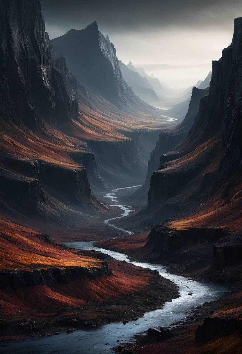 Dark, gritty, tainted valleys, scenario, valley, canyons, northern Europe, depth of field, cinematic lighting, Color Field painting, Surrealism, Conceptual art, Conceptual art, retina, highres, high quality, super detail
