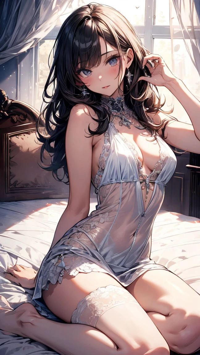 Dark bedroom, [sun|Succubus], (Delicate and radiant skin:1.5), dress，The white lace blends in casually, Sleep on your back, On the bed, Surrealism, Girl peeking at the races, Light transmittance, The bed is draped with an elegant white lace mosquito net...., Charm appearance, Sexual teasing, Bold and sexy pose, Princess Bed, Moonlight shining through the window,Dynamic Lens,Delicate and sophisticated design、orgasm、climax、Charm