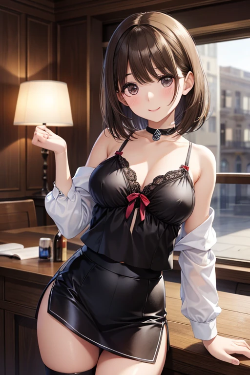 anegasaki nene、Shiny brown hair, short hair, (Beautiful brown eyes、Sparkling eyes, Fine grain)、smile、Ultra-detailed eyes、Highly detailed face, Highly detailed eyes,
masterpiece, Highest quality, High resolution, masterpiece, 1 adult female, 邪悪なsmile, 邪悪なsmile, Evil plan,
, Lingerie Show, short hair, mini skirt, district, Key Grip