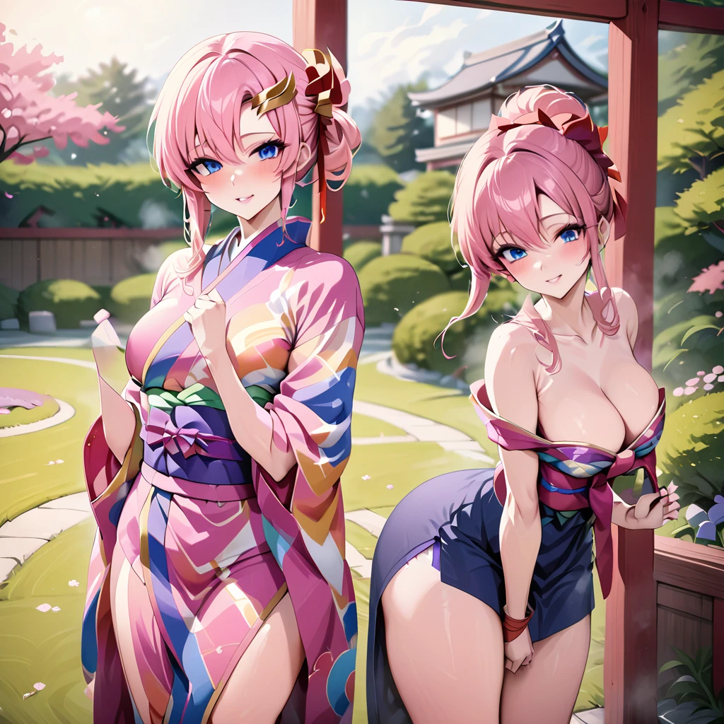((Highest quality)), ((masterpiece)), (detailed), （Perfect Face）、The Japanese princess is Lacus Clyne, with blue eyes, pink hair that is tied up and a hairpin, and she is wearing a gorgeous, gorgeous, and colorfully patterned Japanese kimono.、The woman is in a Japanese garden, seductively posing as if to entice the man.