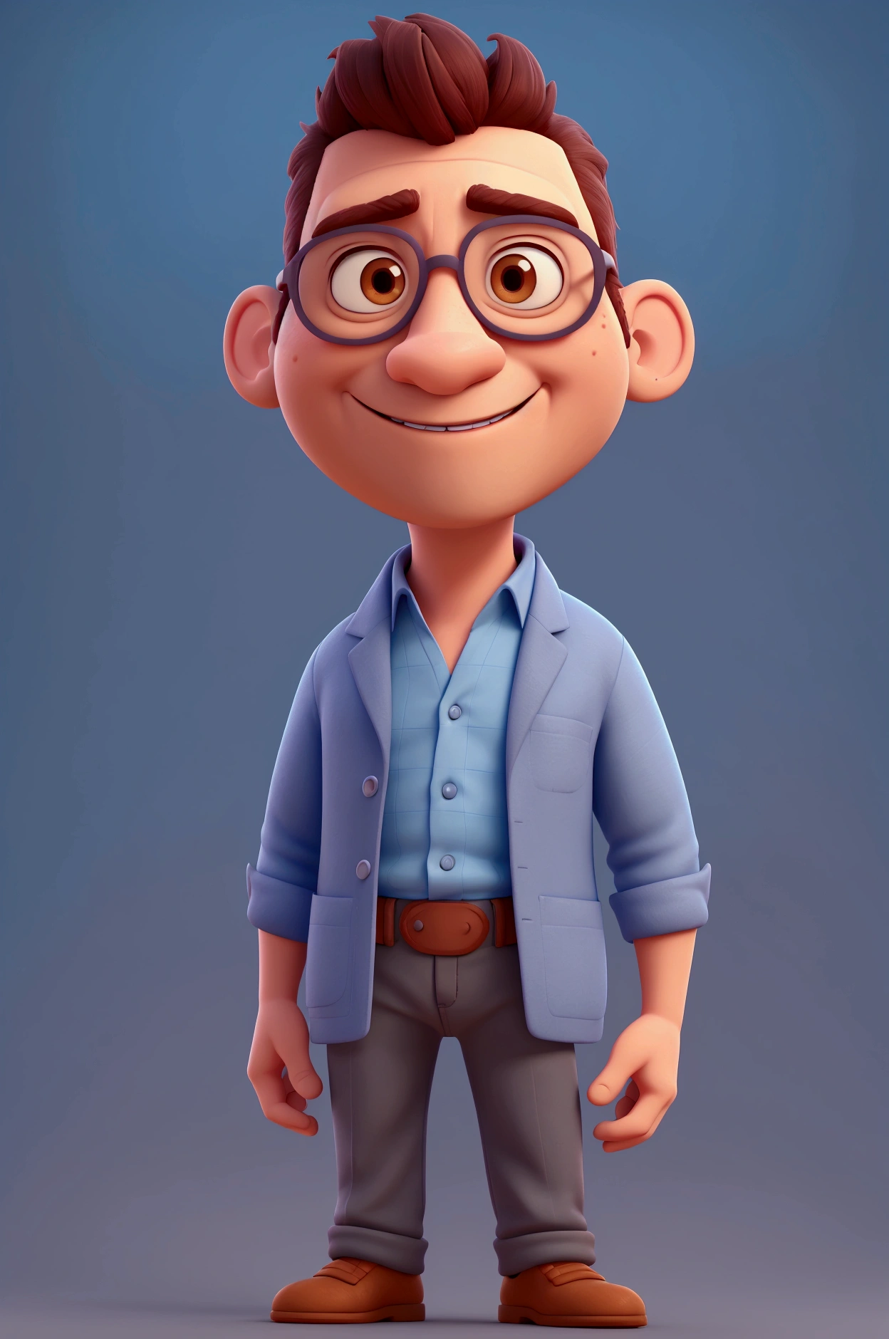Cartoon character of a man with glasses and very short hair, wearing a light blue shirt without embroidery and a gray blazer, with a beautiful smile and arms crossed, an animated character, stylized character, animation style rendering, 3d stylized, Arnold Maya rendering, Stylized 3D rendering, toon render screenshot, 3d character, 3d character, Stylized 3D rendering, 3D character rendering, cartoon character, Personagem de close up, character posing, (Pixar-style) (master part:1.2) (bokeh) (best qualityer) (skin detailed) (detailed texture) (8k) (Argilla) (cinematic lighting) (sharp focus, Sit down and lift your upper body.