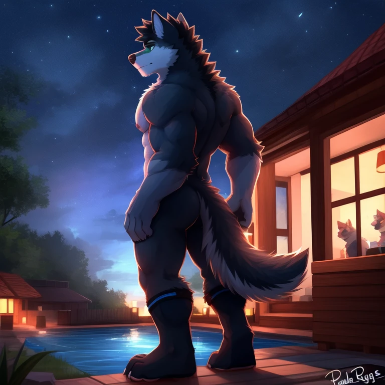 (masterpiece, Best Quality:1.2), lobo, alone, disrupted, reloaded, showing her butt, standing on his 2 legs, shirtless, bare pecs, bare pecs, bare back, bare shoulders, Naked upper body, completely naked, wolf tail, detailed face, detailed body, 5 fingers, Detailed hands, strong abs, pair of nipples, defined pectorals, green eyes, detailed eyes, short hair, dark fur ,2 arms, brief underwear, at night , por pache riggs