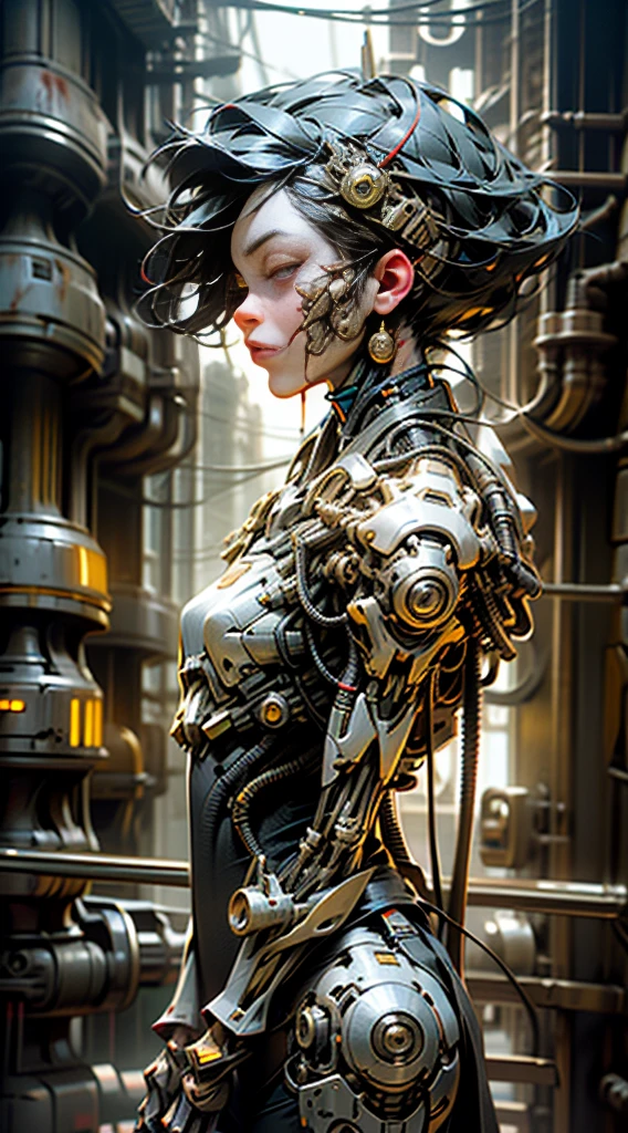 Top Quality, Masterpiece, Ultra High Resolution, ((Photorealistic: 1.4), Raw Photo, 1 cyberpunk Girl, Black Hair, Glossy Skin, 1 Mechanical Girl, (Ultra Realistic Details)), cinematic lighting, deep shadows, Octane Rendering, 8K, Ultra Sharp, Metal, Intricate Ornament Details, Egyptian Details, Very intricate details, realistic light, CGSoation trend, facing the camera, neon details, mechanical limbs, blood vessels connected to the tube, mechanical vertebrae attached to the back, mechanical cervical attachment to the neck, wires and cables connecting to the head, evangelion, small glowing LED lamps, (dazzling Cyberpunk city streets in background).