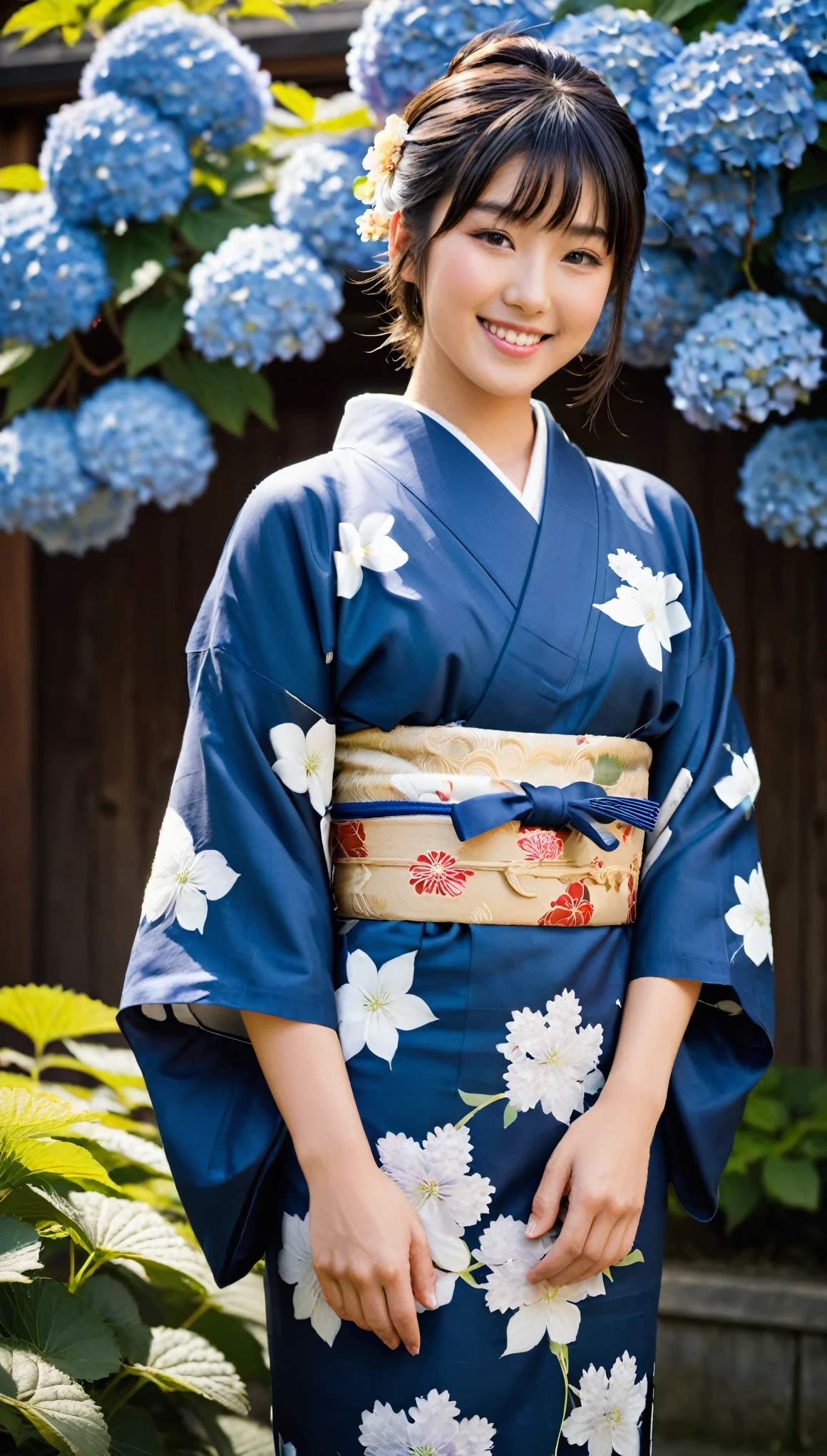 Full-body , (beautiful Japanese Young General, girl is 20 years old), (Highly detailed face, Black hair, fringe, beautiful hair, Brown eye, chignon, Fuller lips, little Lips, big smile), (C cup breasts, middle hip), (Japanese kimono, background cloth indigo blue , hydrangea flower pattern, decorative sash worn with a kimono obi), standing in Japanese  on Garden, Summer ,  hydrangea, sunrise ,(masterpiece, Highest quality, masterpiece, God-like quality, Godly art, , Very realistic), 