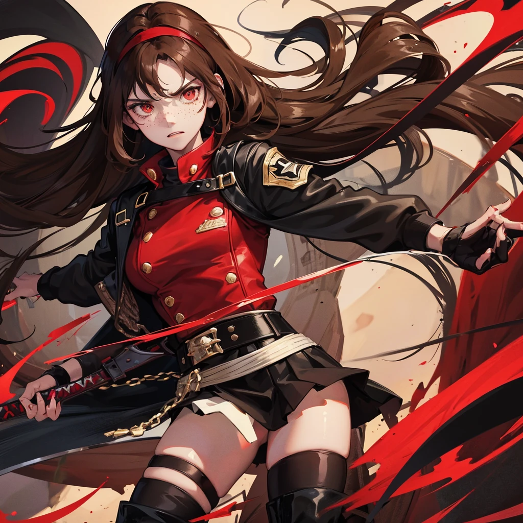 1 girl, long brown hair, red eyes, Freckles, fair skin, black headband, red jacket, black top, black skirt, black boots, long black socks, serious facial expression, Red ribbon, a sword in his hand