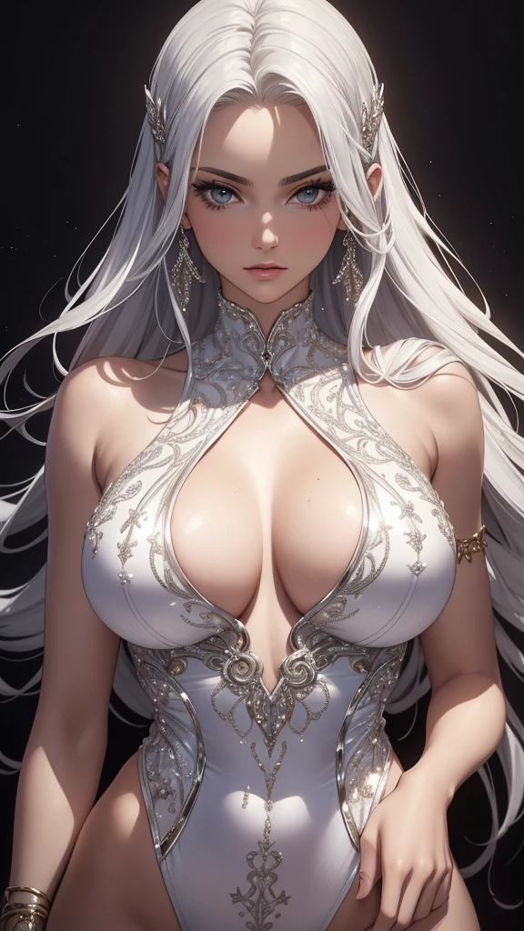 Closeup, Best quality, masterpiece, realistic, Beautiful sexy cool tall, slim, fit woman, wearing fancy silver-white sequin leotard, intricate and highly detailed, cleavage, long silver hair, body chain, jewelry, armpits