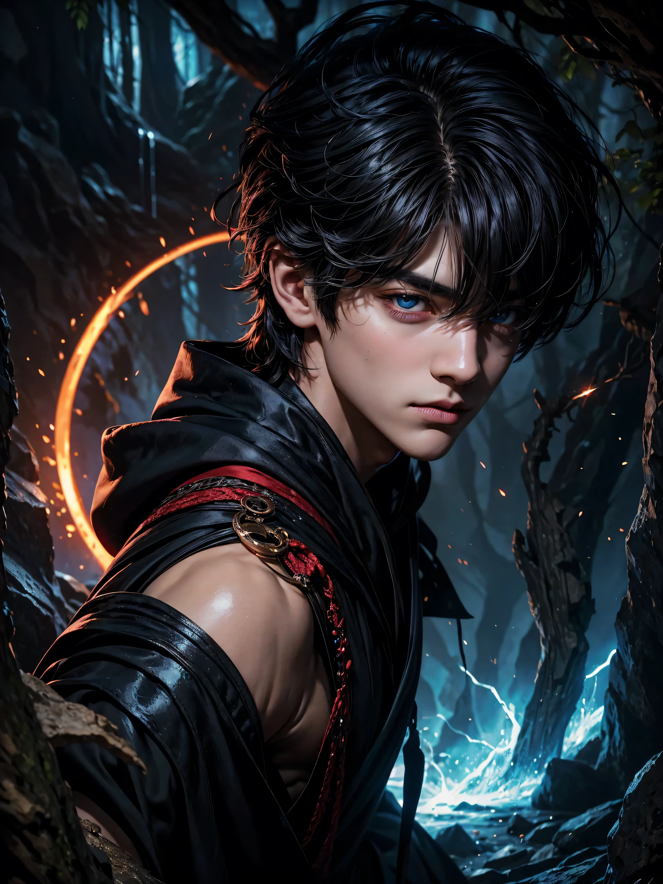a boy (name: Taehyung), perfect-lips, Symetrical Eyes, Mage Robes, In an Hidden cave, Black haired, Cloack,, red left eye and black right eye,mysterious, handsome, a little bit muscular covered by a robe. Fantasy World, Oval Face, Perfect Face, Hunter eyes, Long face
