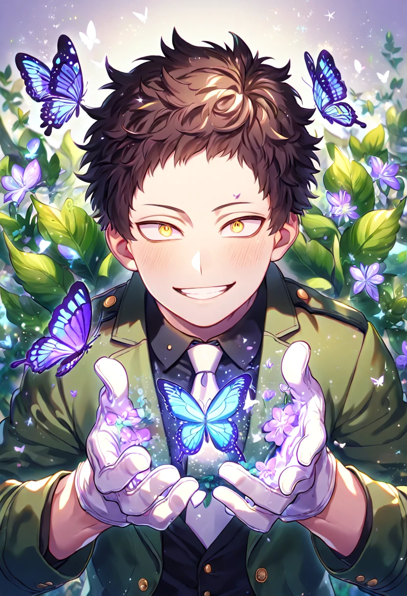 absurdres, highres, ultra detailed, HDR, master piece, best quality, extremely detailed face, delicated features, Overhaul, dark brown hair, short hair, short bangs, expressive yellow eyes, Boku No Hero Academia, solo, sexy man, handsome, handsome smile, dark green jacket with purple fur, black shirt, white necktie, white gloves, fantasy, magical, butterflies, summer, green leaves, flowers, water