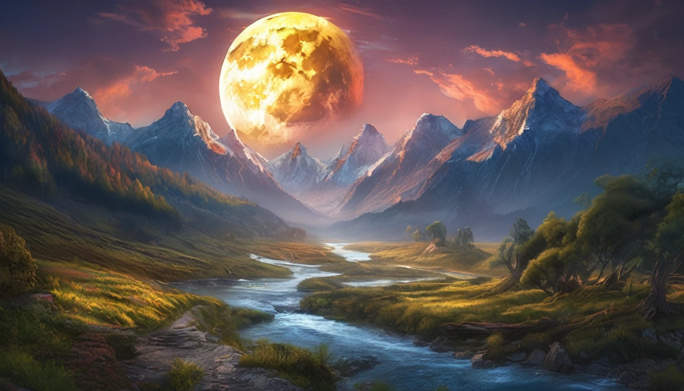 mountains with a river in the foreground and a full moon in the sky, Highly detailed 4k digital art, Stunning 8K artwork, Detailed 4K digital art, Beautiful UHD 4K art, epic dream fantasy landscape, stunning fantasy landscape, 8K high quality detailed art, 8k digital art, 8k digital art, mystical fantasy landscape, amazing mobile wallpaper