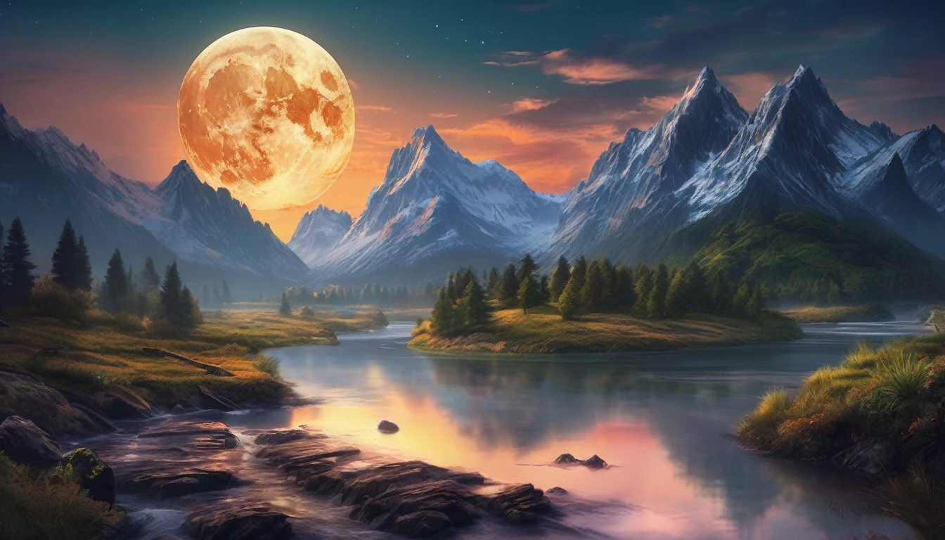 mountains with a river in the foreground and a full moon in the sky, Highly detailed 4k digital art, Stunning 8K artwork, Detailed 4K digital art, Beautiful UHD 4K art, epic dream fantasy landscape, stunning fantasy landscape, 8K high quality detailed art, 8k digital art, 8k digital art, mystical fantasy landscape, amazing mobile wallpaper