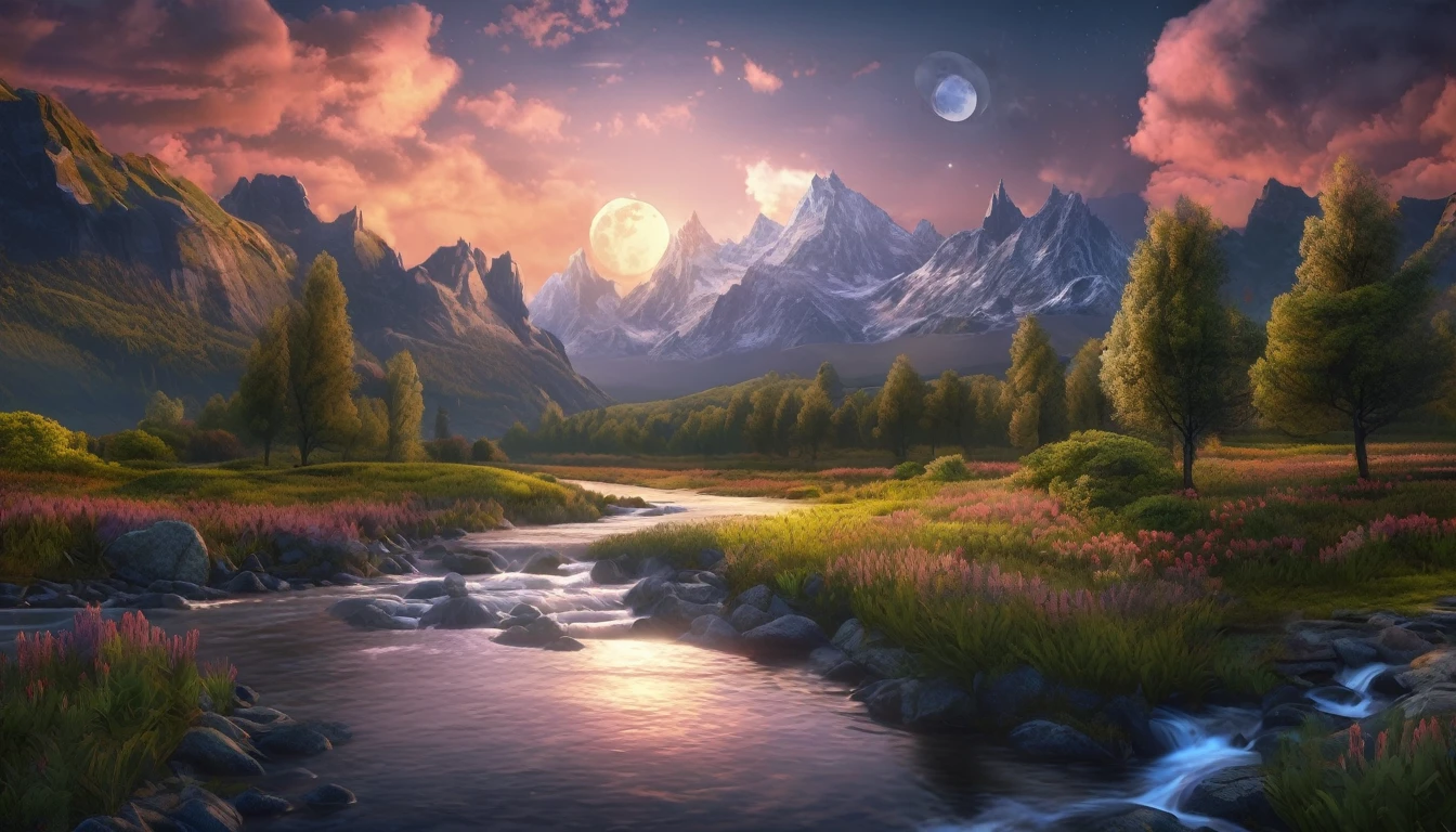 mountains with a river in the foreground and a full moon in the sky, Highly detailed 4k digital art, Stunning 8K artwork, Detailed 4K digital art, Beautiful UHD 4K art, epic dream fantasy landscape, stunning fantasy landscape, 8K high quality detailed art, 8k digital art, 8k digital art, mystical fantasy landscape, amazing mobile wallpaper