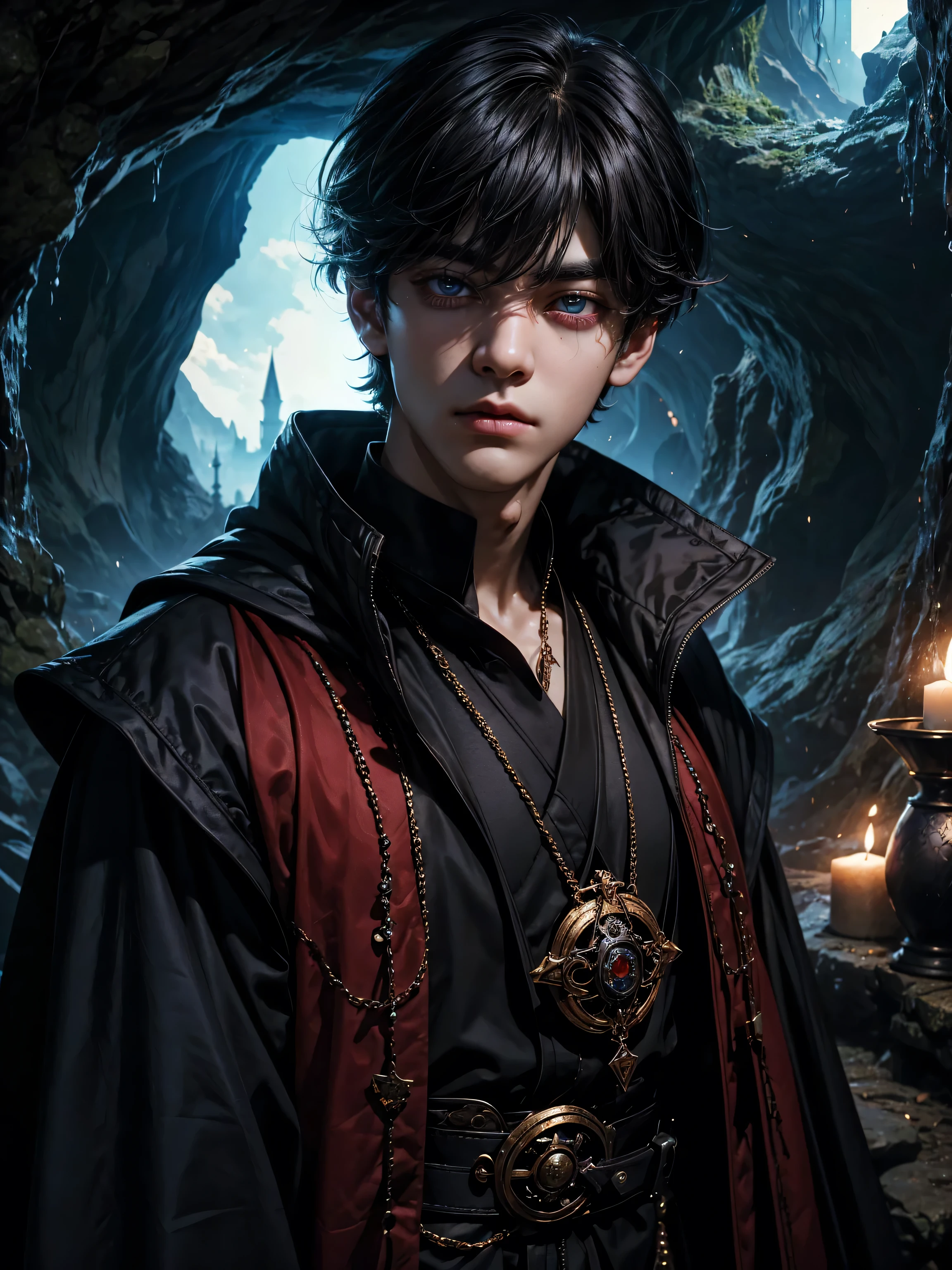 a boy (name: Taehyung), perfect-lips, Symetrical Eyes, Mage Robes, In an Hidden cave, Black haired, Cloack,, red left eye and black right eye,mysterious, handsome, . Fantasy World, Oval Face, Perfect Face, Hunter eyes, Long face