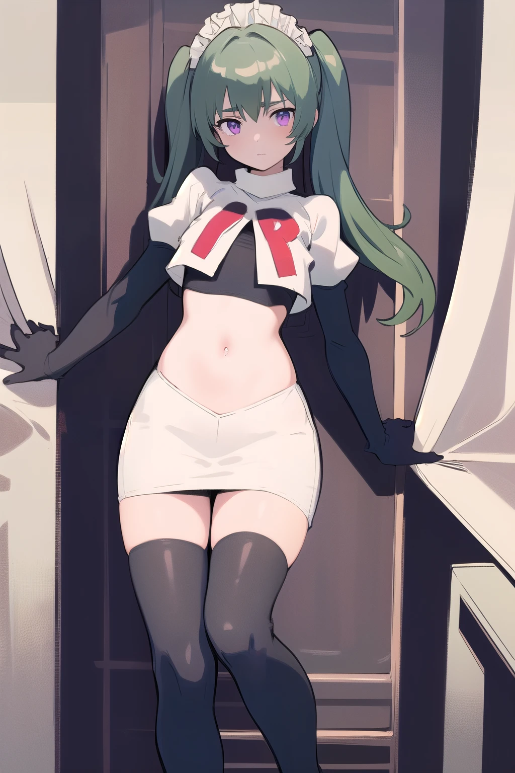 (best quality:1.3),(masterpiece:1.3),(illustration:1.3),(ultra-detailed:1.3),(imid shot:0.9),
1girl,solo,short neck,small breasts,
purple eyes,
twintails, maid headdress,green hair, team rocket,team rocket uniform,white skirt,red letter R,crop top,black thigh-highs,black elbow gloves