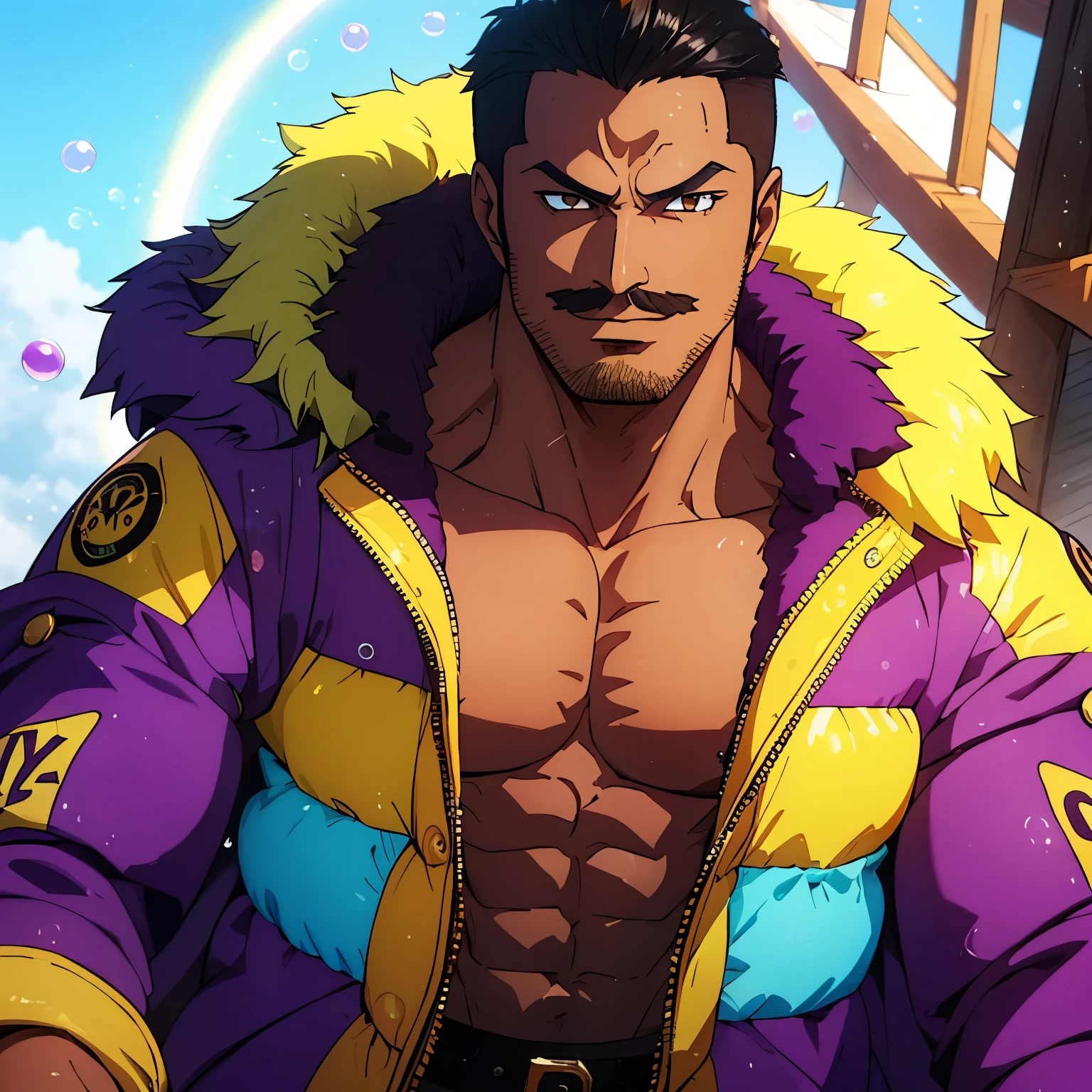 Masterpiece, Best Quality, Ultra-Detailed, 1man, solo, male, 22 years old, brown skin, tanned skin, black skin, black, muscular, strong, hunk, jock, large shoulders, large chest, huge arms, chest, abs, black hair, undercut hair, undercut, pencil moustache, black pencil moustache, orange eyes, yellow eyes, brilliant eyes, very beautiful eyes, detailed eyes, purple bubble jacket with yellow fur, yellow fur on purple bubble jacket, (((vivid purple bubble jacket:1.0))), vivid yellow fur on bubble jacket, blue details, vivid blue details on clothes, open jacket, abs exposed, chest exposed, looking to you, determined smile, ship background