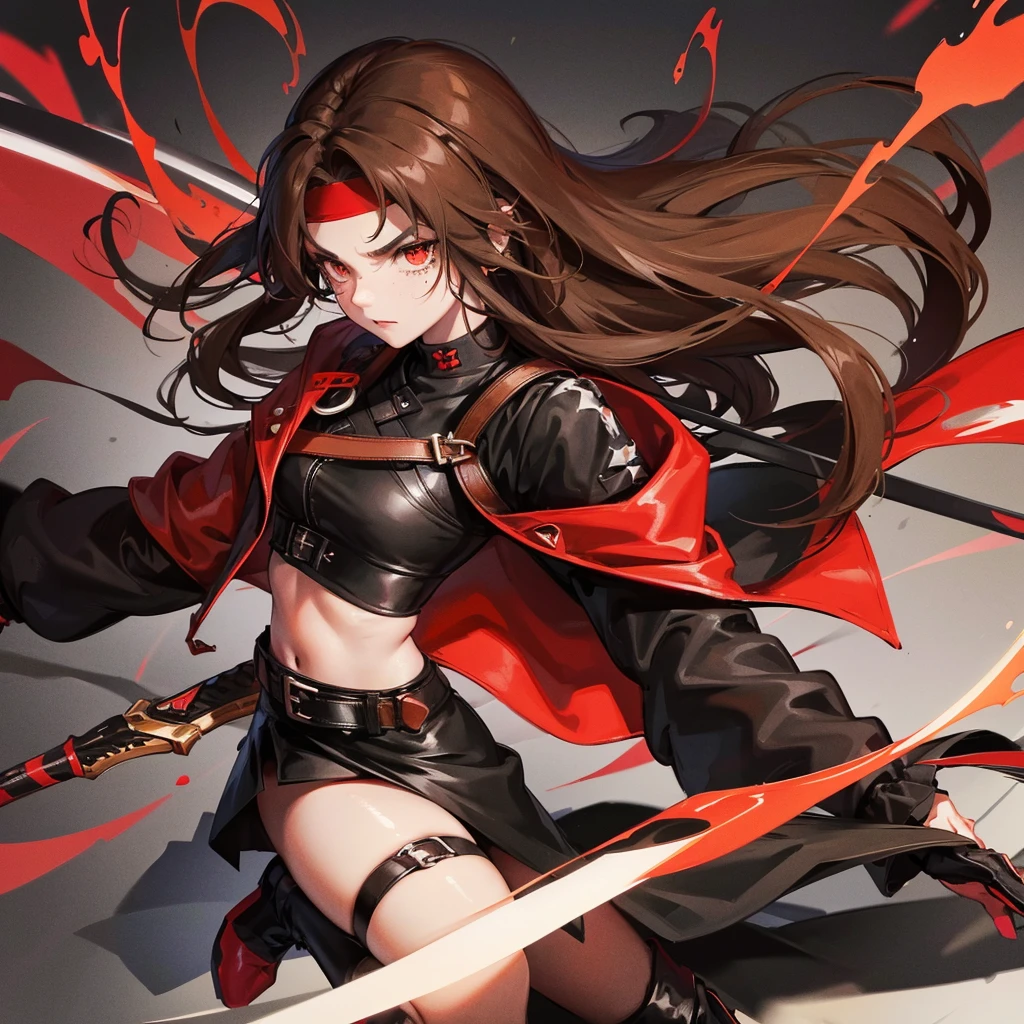 1 girl, long brown hair, red eyes, Freckles, fair skin, black headband, red jacket, black top, black skirt, black boots, long black socks, serious facial expression, Red ribbon, a sword in his hand