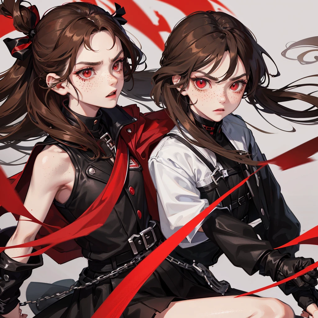 1 girl, long brown hair, red eyes, Freckles, fair skin, black headband, red jacket, black top, black skirt, black boots, long black socks, serious facial expression, Red ribbon, a sword in his hand