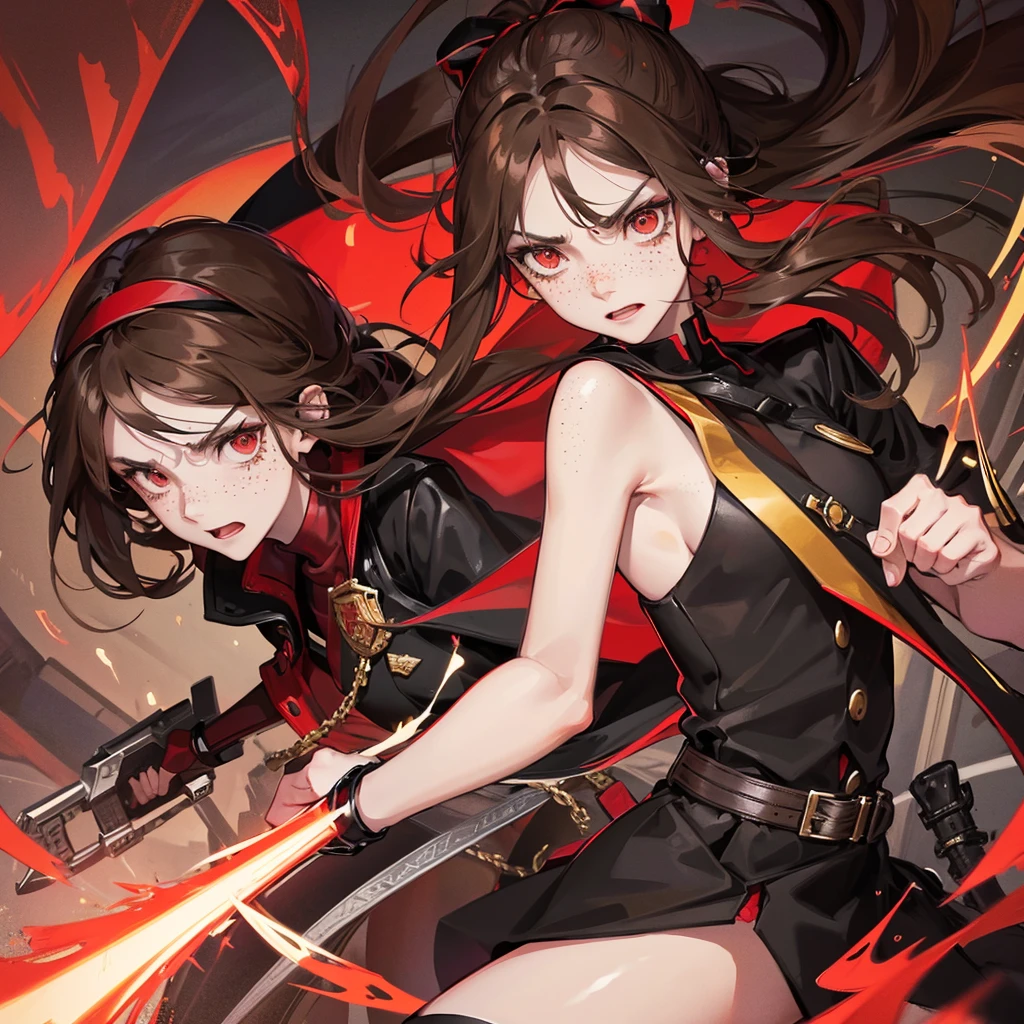1 girl, long brown hair, red eyes, Freckles, fair skin, black headband, red jacket, black top, black skirt, black boots, long black socks, serious facial expression, Red ribbon, a sword in his hand