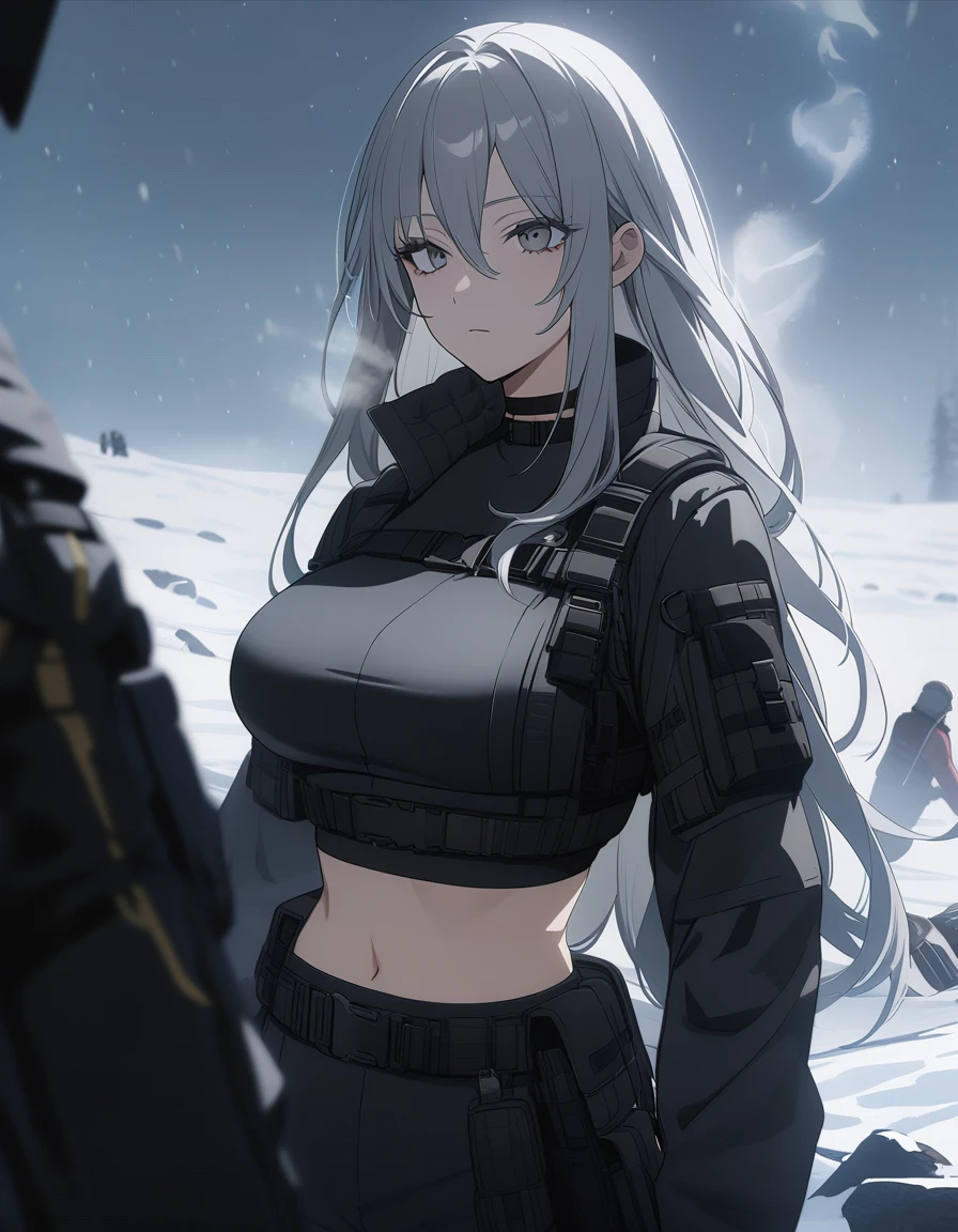 sovetsky_Soyuz, grey hair, long hair, tactical jacket, winter jacket, black pants, midriff, choker, webbed belt, tactical, pouches, large breasts, first rate breasts, grey eyes, sharp eyes, Long eyelashes, eye shadow, ominous vibe, expressionless, stoic, relaxing, Ultra quality, UHD, high detail, anime aesthetic, Anime screenshot, Ultra quality, UHD, high detail. Winter, snowstorm, battlefield, breath vapor, smoking, cigarette