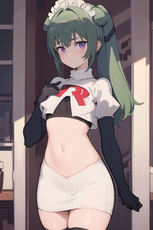 (best quality:1.3),(masterpiece:1.3),(illustration:1.3),(ultra-detailed:1.3),(imid shot:0.9),
1girl,solo,short neck,small breasts,
purple eyes,
twintails, maid headdress,green hair, team rocket,team rocket uniform,white skirt,red letter R,crop top,black thigh-highs,black elbow gloves