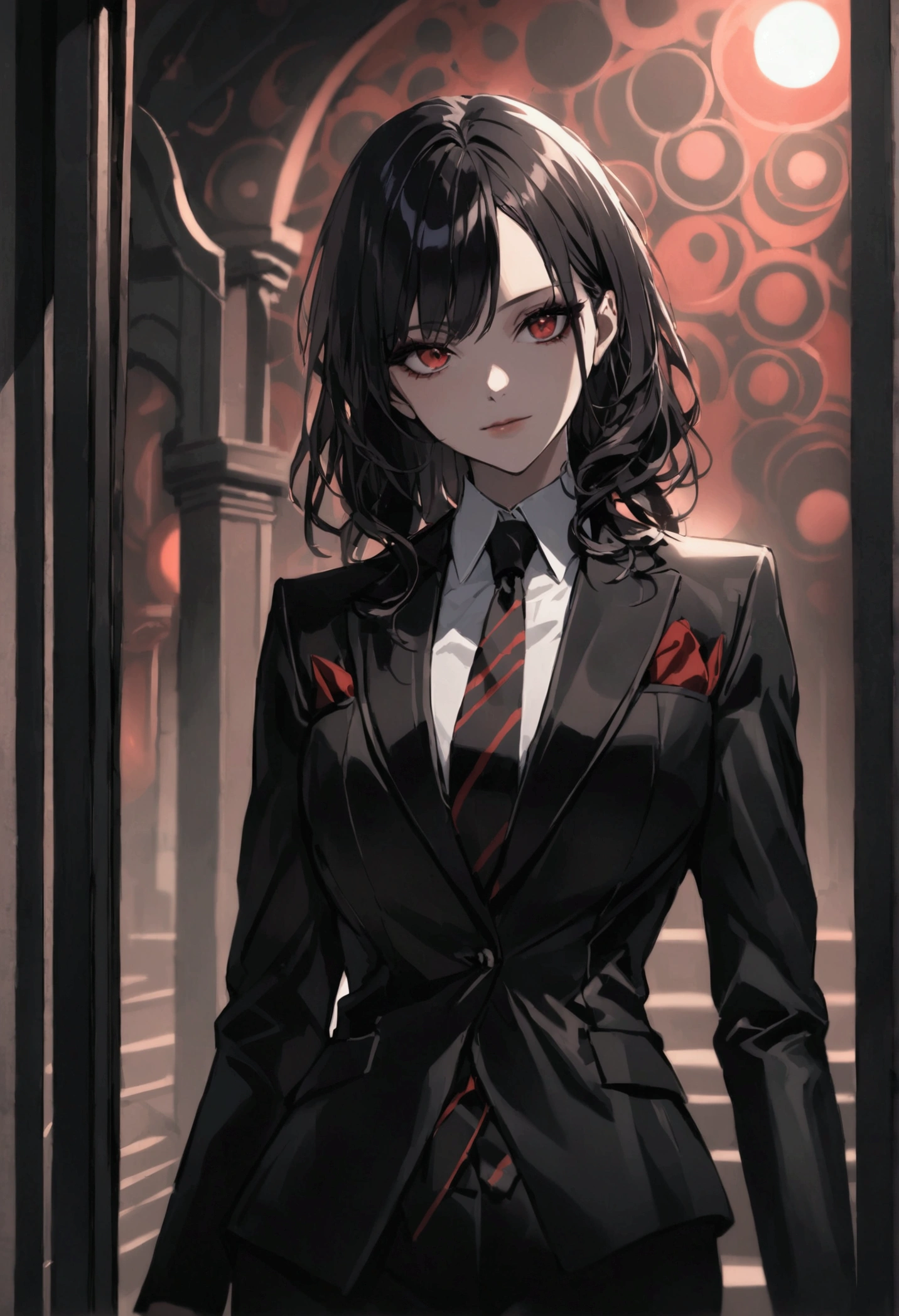 woman with black hair with red stripes, red eyes with circles on the iris, with a dark smile, wearing a black suit
