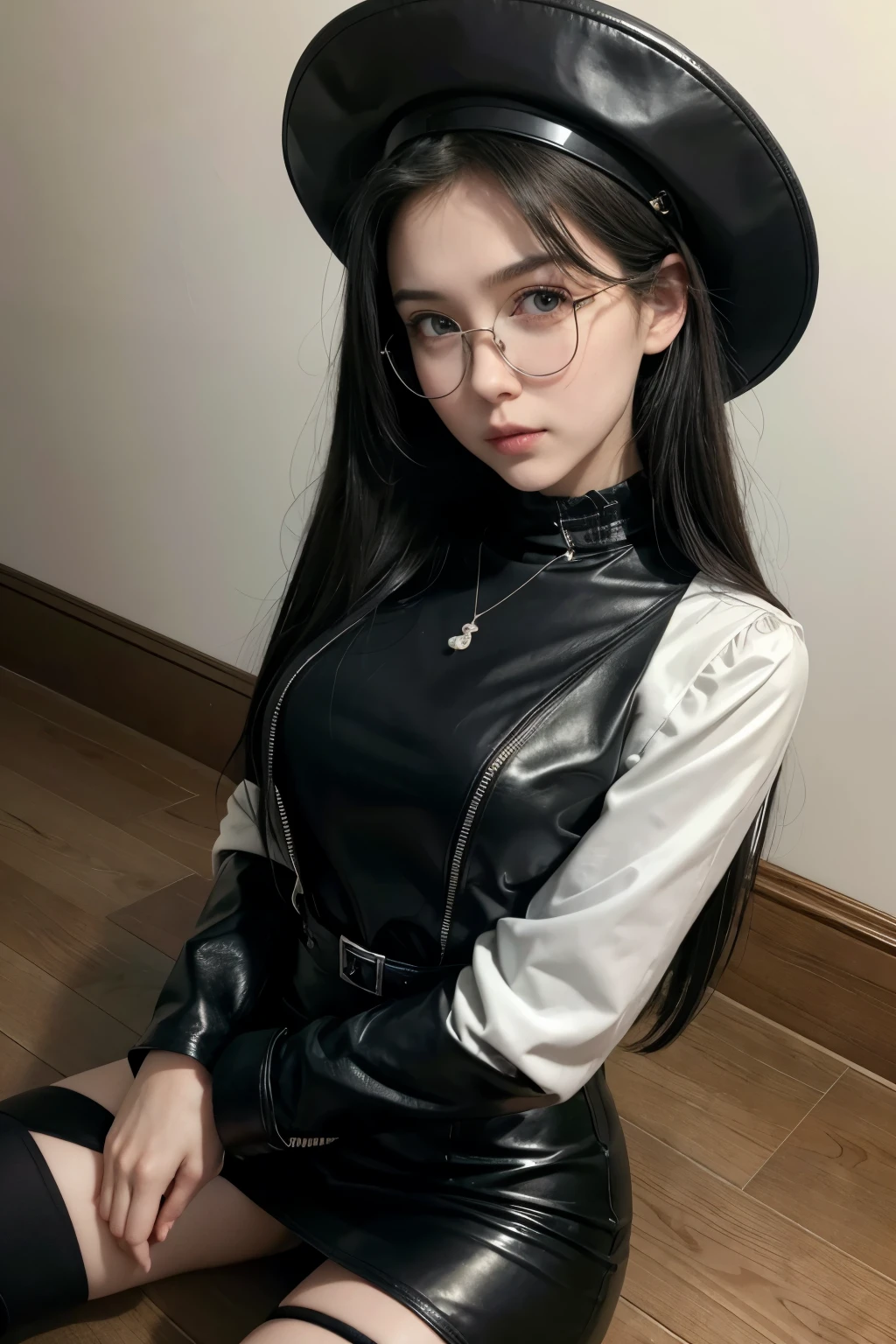 a realistic robot woman, she is tall, He has long straight black hair and olive eyes., a medium build, has a light complexion, She is wearing a black A-line miniskirt, with dark tights, black heeled boots, a fair white button down blouse and a fair leather jacket, with a pearl necklace, he wears glasses and a black hat, he is about 30 years old, has the pose of a mannequin, in doll pose, is lying on the ground, has a cable attached to the neck