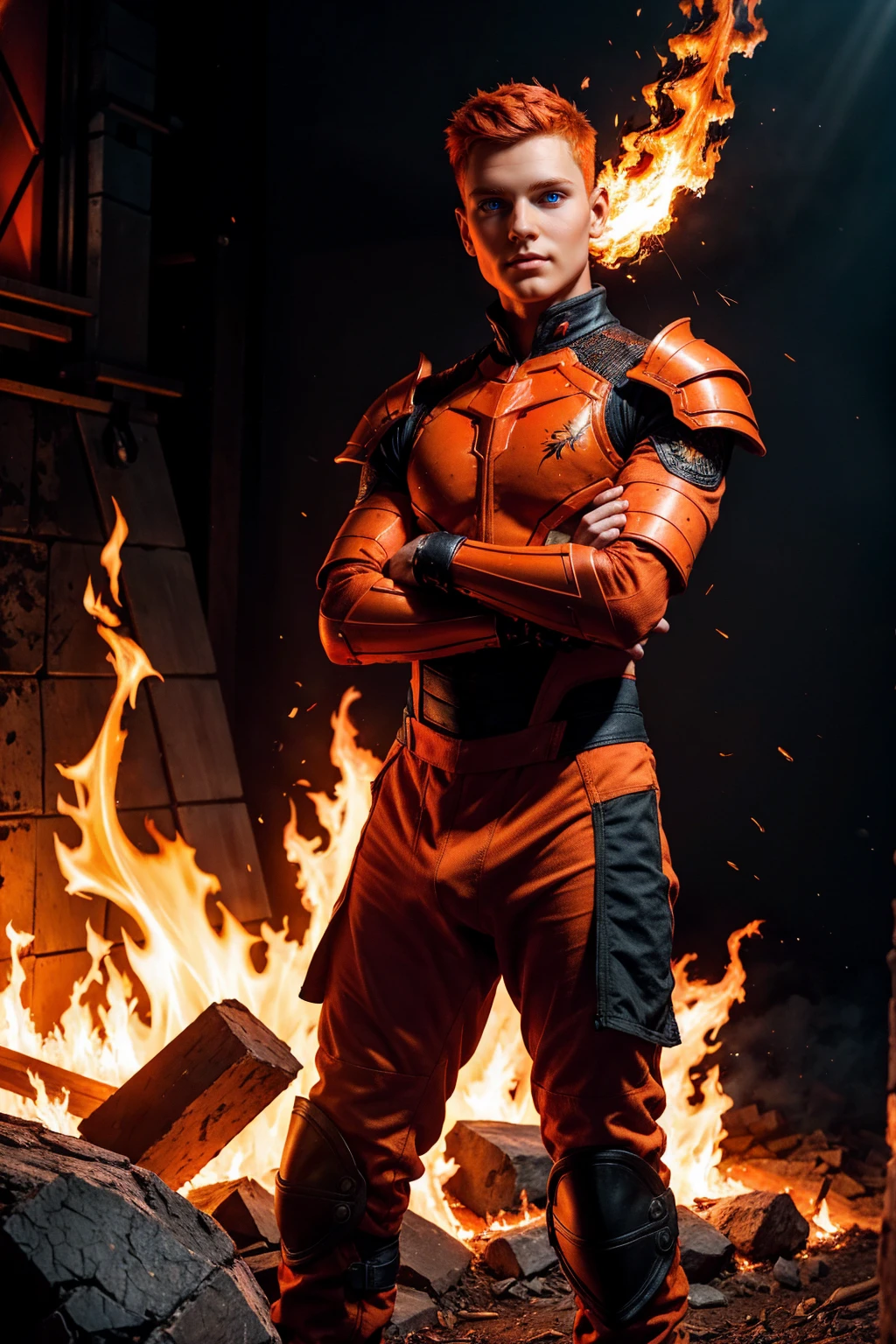 A strong, twink man with short, orange undercut hair and freckles stands confidently in a battle-ready stance, his arms crossed. He is fully encased in intricate, heat-resistant red and black armor with flame motifs. His underarms are smooth and well-groomed, accentuating his impeccable physique. The background features a dramatic, fiery environment with flames and embers swirling far from him, creating a vibrant, intense landscape. The image is rendered in a photorealistic, hyper-realistic 8k style, with studio lighting that emphasizes his commanding presence and the dynamic interplay of light and shadow.