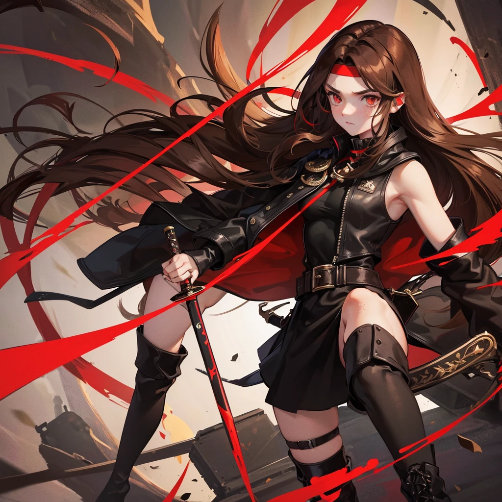 1 girl, long brown hair, red eyes, Freckles, fair skin, black headband, red jacket, black top, black skirt, black boots, long black socks, serious facial expression, Red ribbon, a sword in his hand