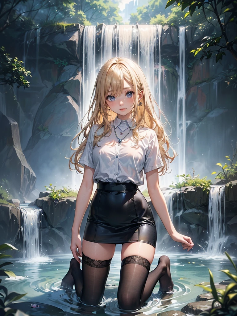 ((Biologically correct limb count)),(( From head to toe,Full-body photo including face)),4K,((Standing position)),masterpiece,((Focus on the face)),((Symmetrical facial features)),Eyes with detailed description,Beautiful woman,Great style,Beautiful arms,Beautiful legs,Beautiful Hands,(Small Ass,Thin thighs,(Black Stockings)),Detailed depiction of the face,Small earrings,necklace,(uniform、Black Long Pencil Skirt,((evening,Kneel、waterfall、Dancing in the water、splashes rise)),((Blonde)),Focus on the face,Dripping Water,The mist creates a fantastic atmosphere,(See-through clothing)