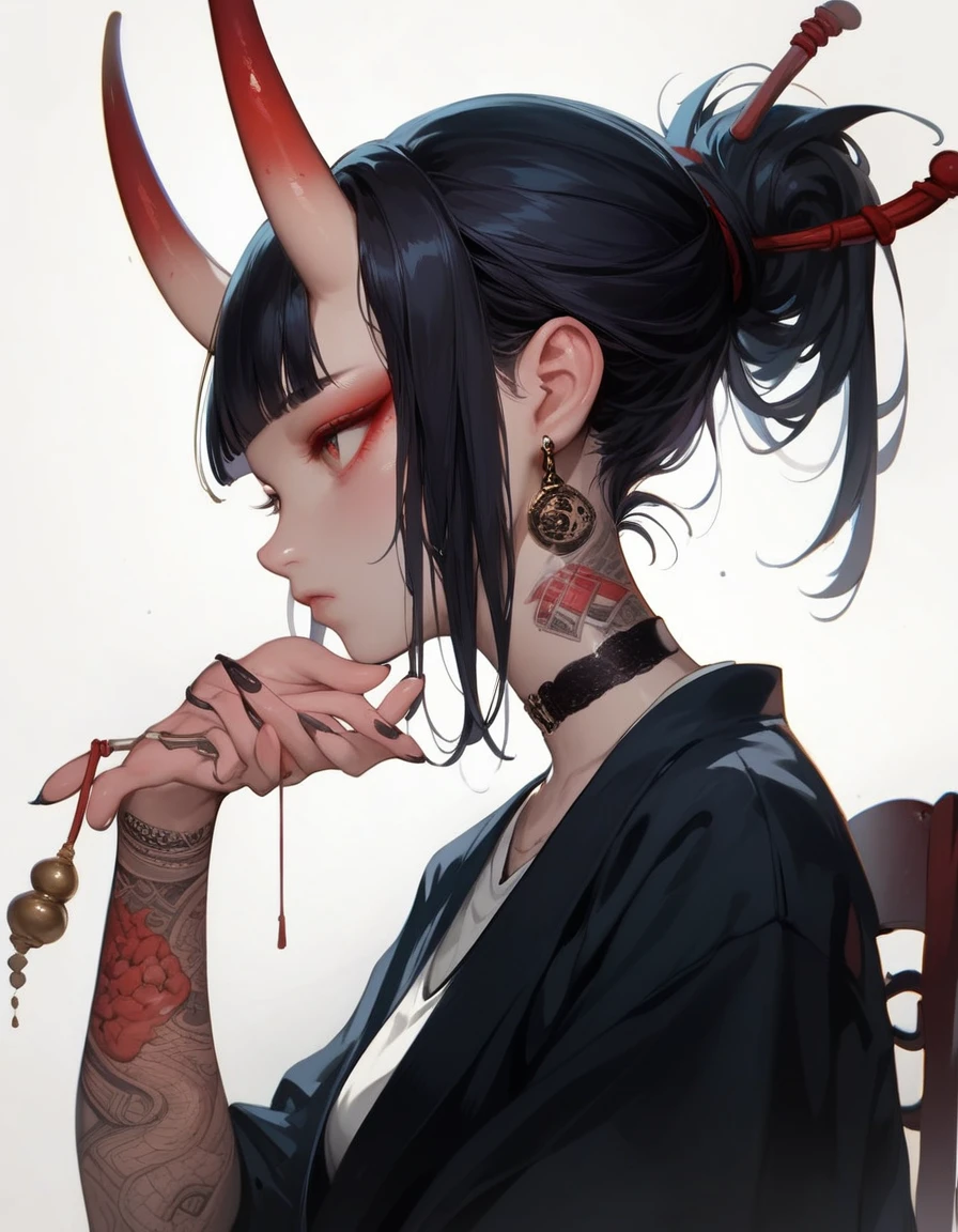 (score_9, score_8_up, score_7_up), zPDXL, 1 girl, alone, profile, pensive look, simple background, dark room, sitting on chair, snake eyes, upper body, tied hair, black hair, simple clothes, horns, white shirt, holding incense in hand, tattoos, incense releasing smoke, black choker, background of a room, red oni horns, face resting on hand, black kimono, blunt bangs, dark aura, tattoos all over body, side view