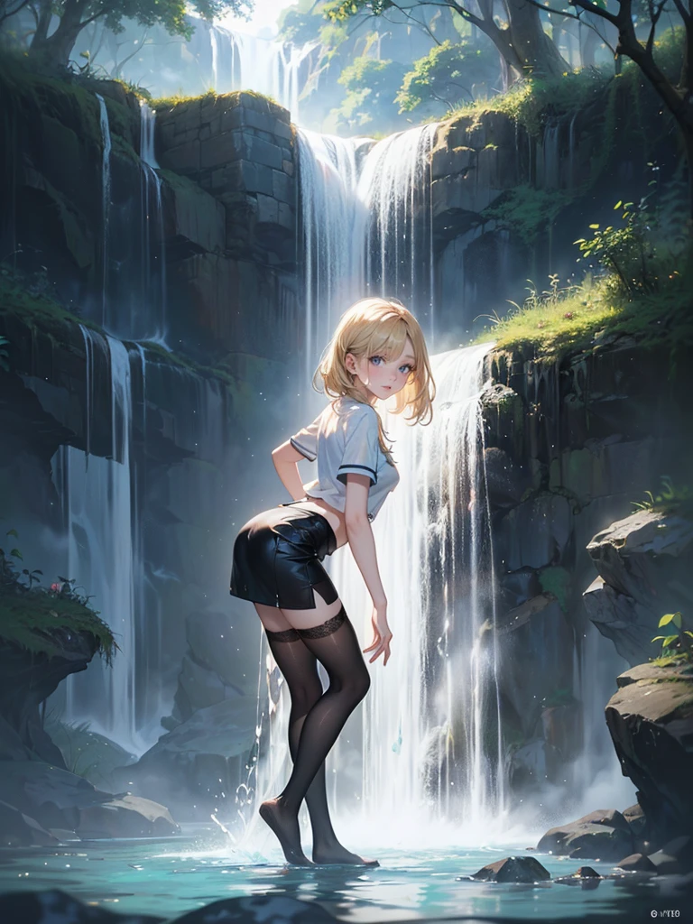 ((Biologically correct limb count)),(( From head to toe,Full-body photo including face)),4K,((Standing position)),masterpiece,((Focus on the face)),((Symmetrical facial features)),Eyes with detailed description,Beautiful woman,Great style,Beautiful arms,Beautiful legs,Beautiful Hands,(Small Ass,Thin thighs,(Black Stockings)),Detailed depiction of the face,Small earrings,necklace,(uniform、Black Long Pencil Skirt,((evening,Kneel、waterfall、Dancing in the water、splashes rise)),((Blonde)),Focus on the face,Dripping Water,The mist creates a fantastic atmosphere,(See-through clothing)