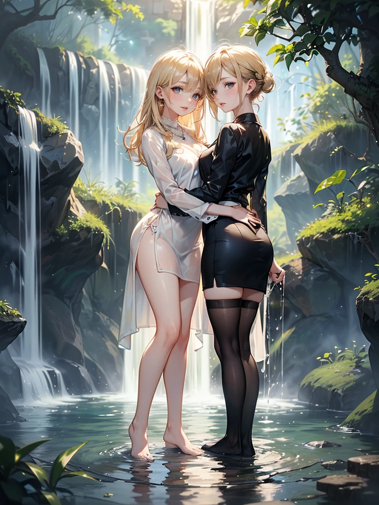 ((Biologically correct limb count)),(( From head to toe,Full-body photo including face)),4K,((Standing position)),masterpiece,((Focus on the face)),((Symmetrical facial features)),Eyes with detailed description,Beautiful woman,Great style,Beautiful arms,Beautiful legs,Beautiful Hands,(Small Ass,Thin thighs,(Black Stockings)),Detailed depiction of the face,Small earrings,necklace,(uniform、Black Long Pencil Skirt,((evening,Kneel、waterfall、Dancing in the water、splashes rise)),((Blonde)),Focus on the face,Dripping Water,The mist creates a fantastic atmosphere,(See-through clothing)