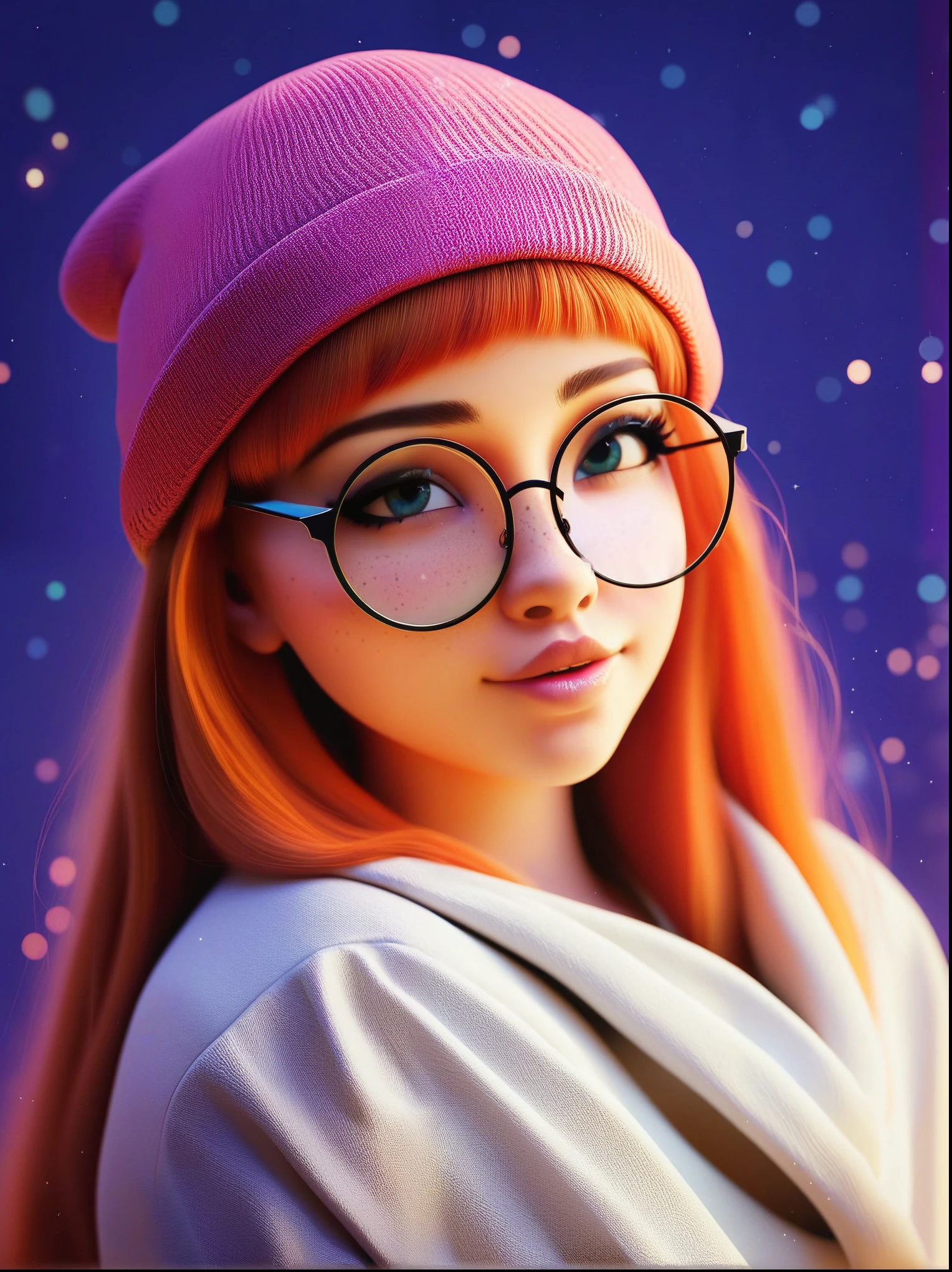 score_9, score_8_up, score_7_up, score_6_up, score_5_up, score_4_up, BREAK art of an Asian girl, slight tan, red beanie, round glasses, long straight hair, cute face, dust particles, pink lips, freckles, bedroom background, warm color pallete.
