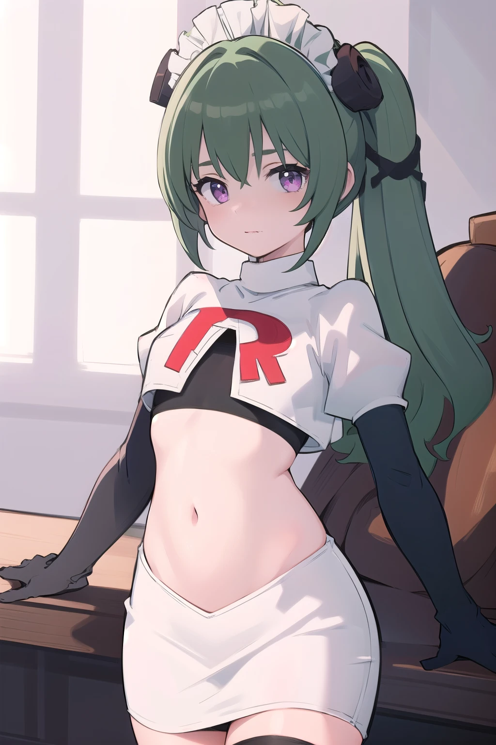 (best quality:1.3),(masterpiece:1.3),(illustration:1.3),(ultra-detailed:1.3),(imid shot:0.9),


1girl,solo,short neck,small breasts,



purple eyes,


twintails, maid headdress,green hair, team rocket,team rocket uniform,white skirt,red letter R,crop top,black thigh-highs,black elbow gloves