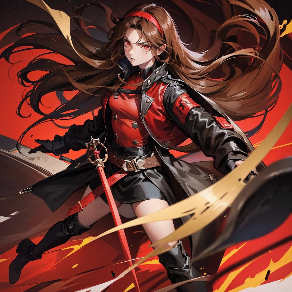 1 girl, long brown hair, red eyes, Freckles, fair skin, black headband, red jacket, black top, black skirt, black boots, long black socks, serious facial expression, Red ribbon, a sword in his hand