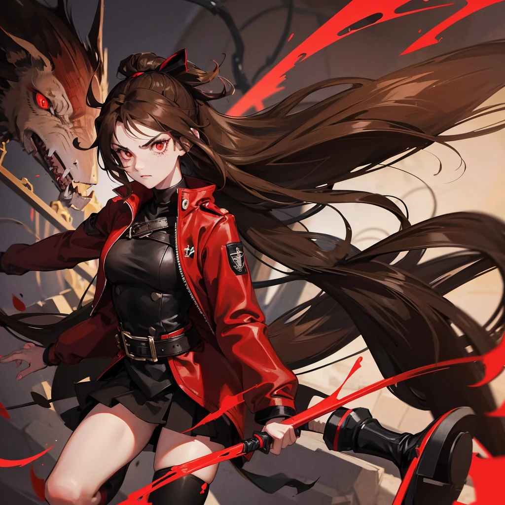 1 girl, long brown hair, red eyes, Freckles, fair skin, black headband, red jacket, black top, black skirt, black boots, long black socks, serious facial expression, Red ribbon, a sword in his hand