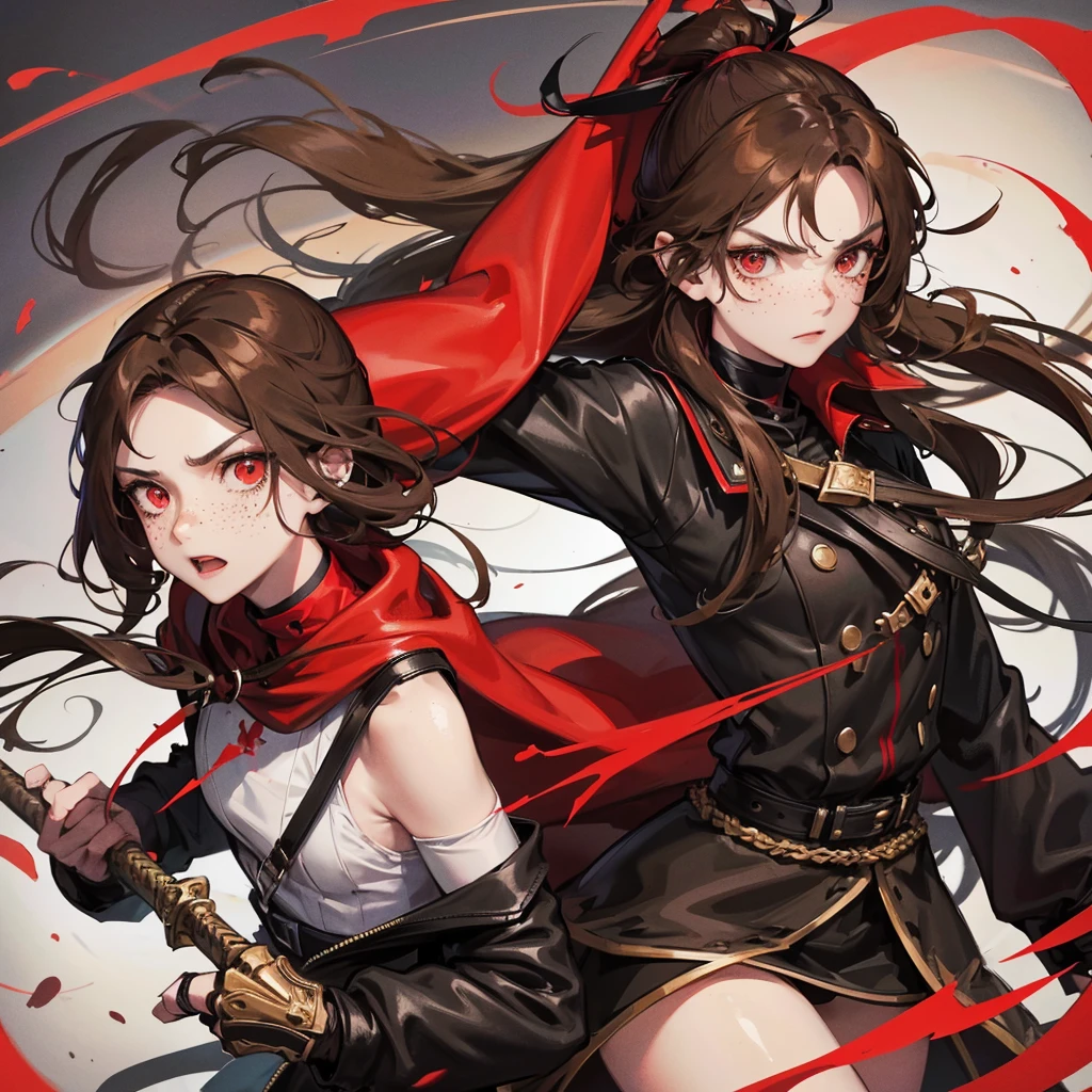 1 girl, long brown hair, red eyes, Freckles, fair skin, black headband, red jacket, black top, black skirt, black boots, long black socks, serious facial expression, Red ribbon, a sword in his hand