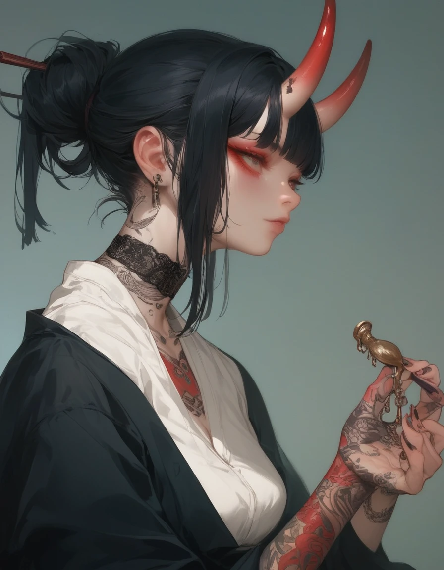 (score_9, score_8_up, score_7_up), zPDXL, 1 girl, alone, profile, pensive look, simple background, dark room, sitting on chair, snake eyes, upper body, tied hair, black hair, simple clothes, horns, white shirt, holding incense in hand, tattoos, incense releasing smoke, black choker, background of a room, red oni horns, face resting on hand, black kimono, blunt bangs, dark aura, tattoos all over body, side view