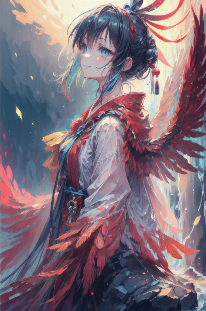 ultra detailed close up of anime girl phoenix wings, BRIGHT COLORS, BRIGHT COLORS, upright posture with arms on ground behind, bright red dress, broad glowing wings, smile with teeth, sitting under misty waterfall, neon red and blue, traditional japanese clothing, ripples, feathered wings, spread wings, solo, upper body, profile picture, lookup up and away, cloth shoes, masterpiece, best quality, mature girl, 20 years old, (femalefocus: 1.5), beautiful eyes,score_9, score_8_up, score_7_up, detailed eyes, looking up, bright crimson, bright neon blue, wide smile, smiling, shining eyes,