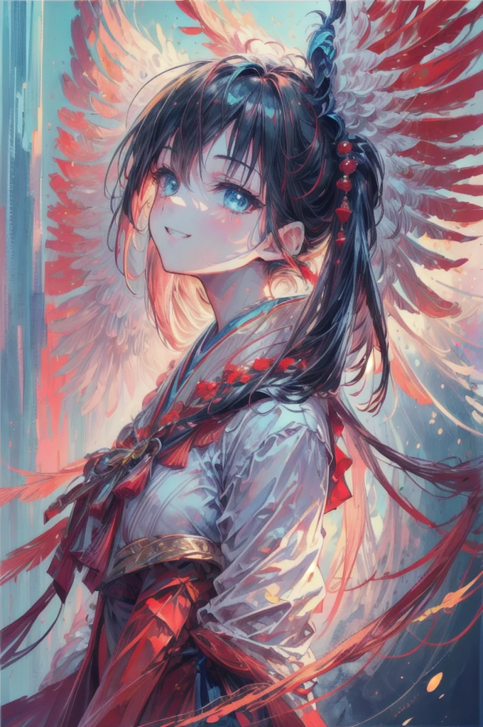 ultra detailed close up of anime girl phoenix wings, BRIGHT COLORS, BRIGHT COLORS, upright posture with arms on ground behind, bright red dress, broad glowing wings, smile with teeth, sitting under misty waterfall, neon red and blue, traditional japanese clothing, ripples, feathered wings, spread wings, solo, upper body, profile picture, lookup up and away, cloth shoes, masterpiece, best quality, mature girl, 20 years old, (femalefocus: 1.5), beautiful eyes,score_9, score_8_up, score_7_up, detailed eyes, looking up, bright crimson, bright neon blue, wide smile, smiling, shining eyes,