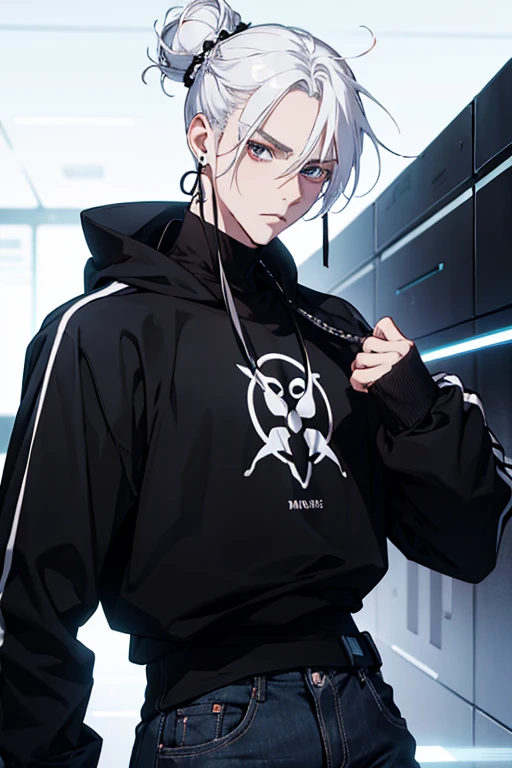 Anime man gradient young white hair low on shaved sides turns hair bun to the left side in the middle serious face with black earrings black sweatshirt Speed jeans futuristic clothes black dark circles big black hair big brown hair extremely futuristic clothes futuristic clothes