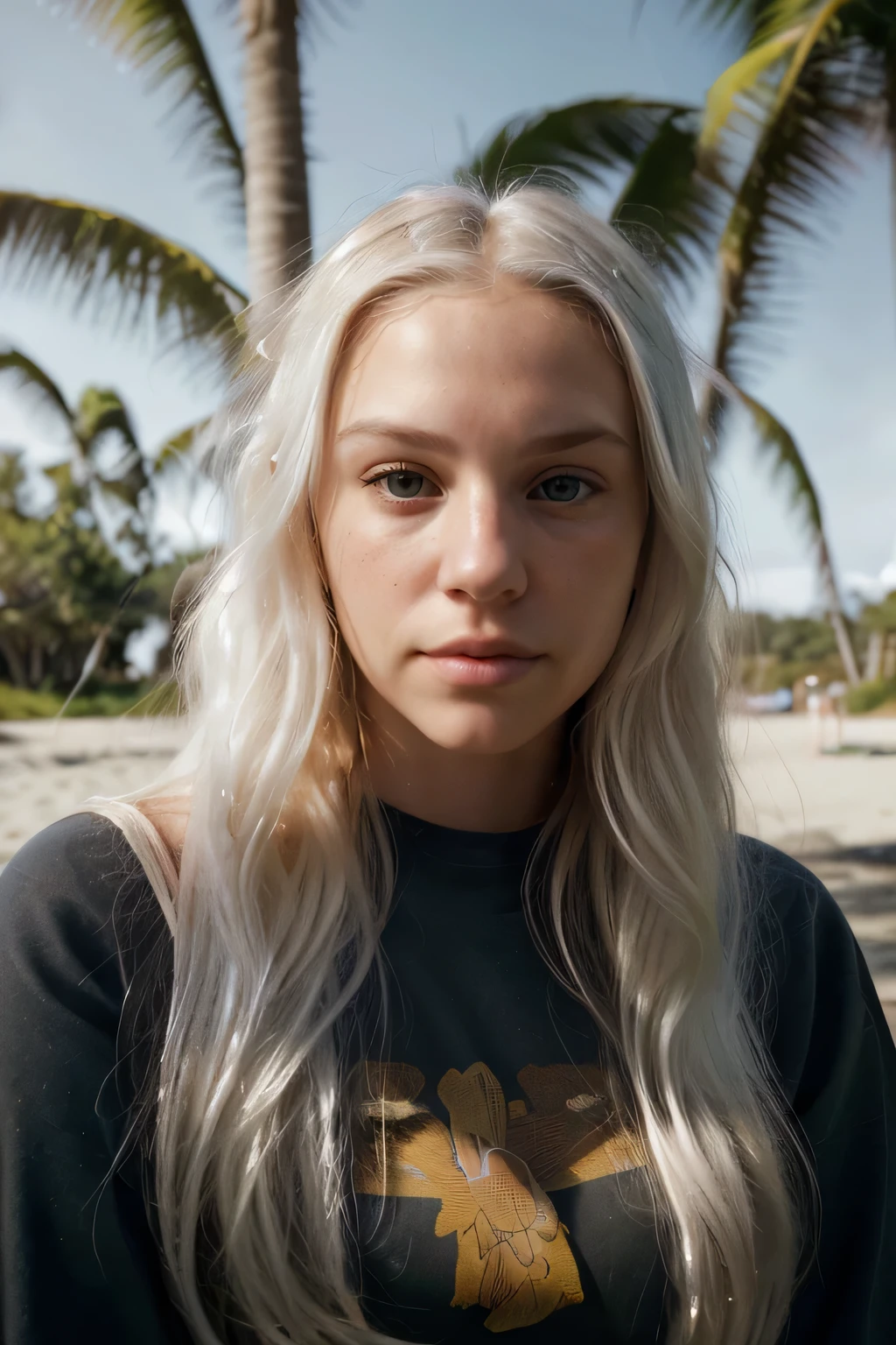 A photorealistic portrait of a 28-year-old surfer girl with long, flowing white hair and striking dark eyes. She should have a natural, approachable expression and be illuminated by soft, golden-hour sunlight. The background should be a scenic outdoor setting, perhaps a sunlit park or beach. Capture this image with a high-resolution photograph using an 85mm lens for a flattering perspective.